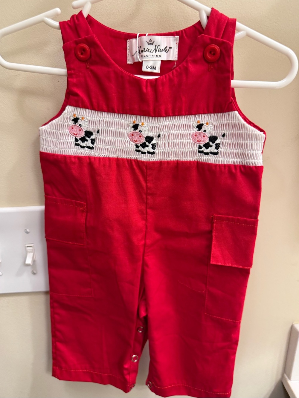 Marie Nicole Red Smocked Cow Applique Baby Romper 0-3 months